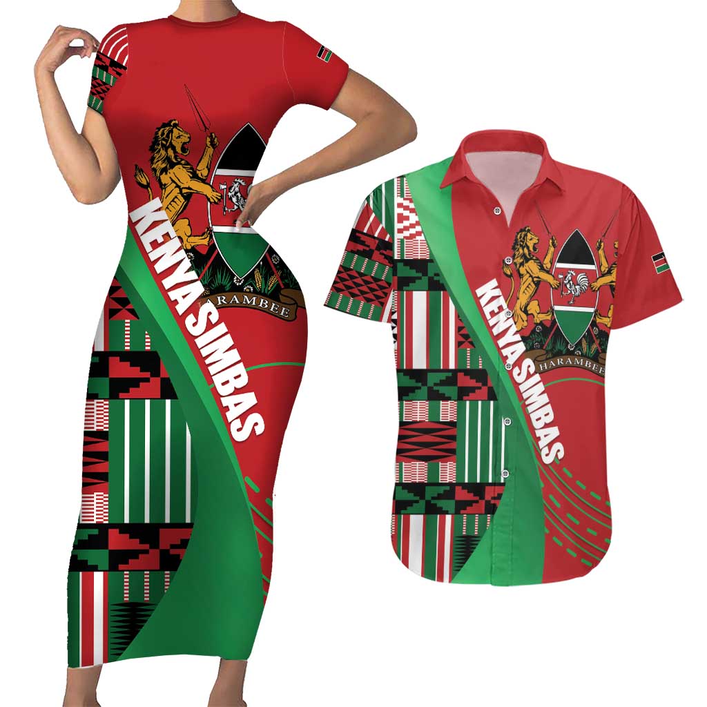 Custom Kenya Cricket Couples Matching Short Sleeve Bodycon Dress and Hawaiian Shirt Come On Simbas Kente Pattern - Wonder Print Shop