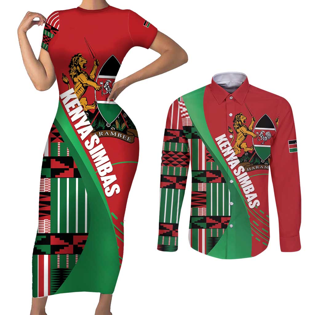 Custom Kenya Cricket Couples Matching Short Sleeve Bodycon Dress and Long Sleeve Button Shirt Come On Simbas Kente Pattern - Wonder Print Shop
