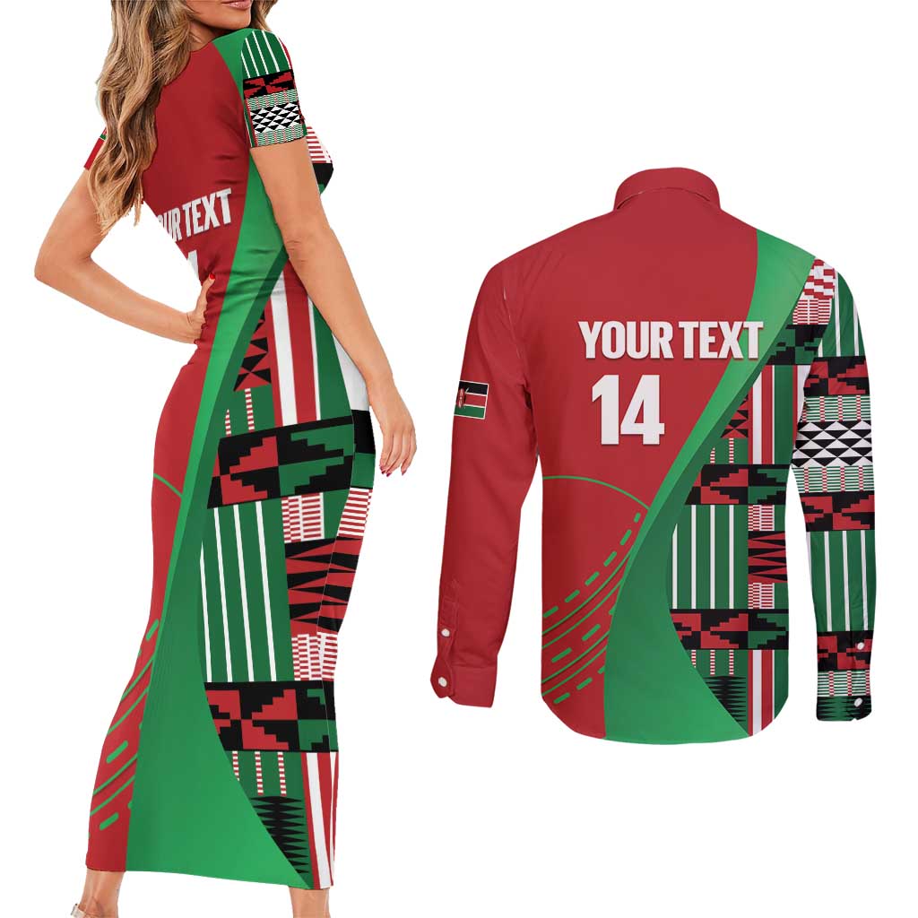 Custom Kenya Cricket Couples Matching Short Sleeve Bodycon Dress and Long Sleeve Button Shirt Come On Simbas Kente Pattern - Wonder Print Shop