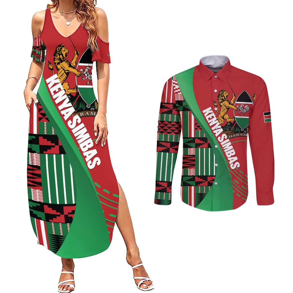 Custom Kenya Cricket Couples Matching Summer Maxi Dress and Long Sleeve Button Shirt Come On Simbas Kente Pattern - Wonder Print Shop