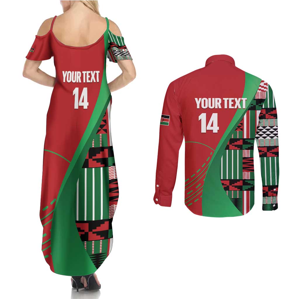 Custom Kenya Cricket Couples Matching Summer Maxi Dress and Long Sleeve Button Shirt Come On Simbas Kente Pattern - Wonder Print Shop