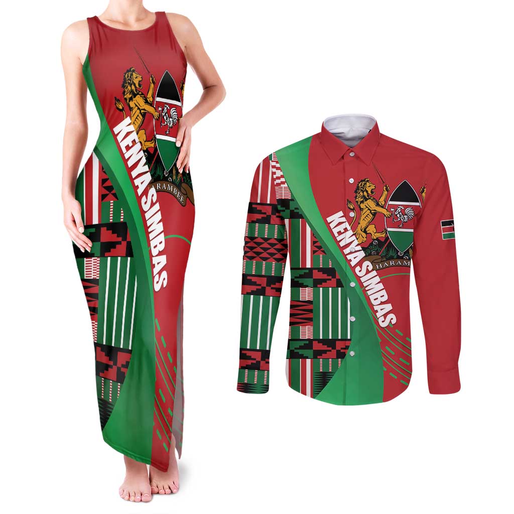 Custom Kenya Cricket Couples Matching Tank Maxi Dress and Long Sleeve Button Shirt Come On Simbas Kente Pattern - Wonder Print Shop