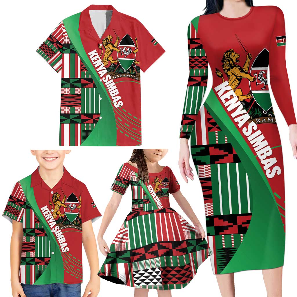 Custom Kenya Cricket Family Matching Long Sleeve Bodycon Dress and Hawaiian Shirt Come On Simbas Kente Pattern - Wonder Print Shop