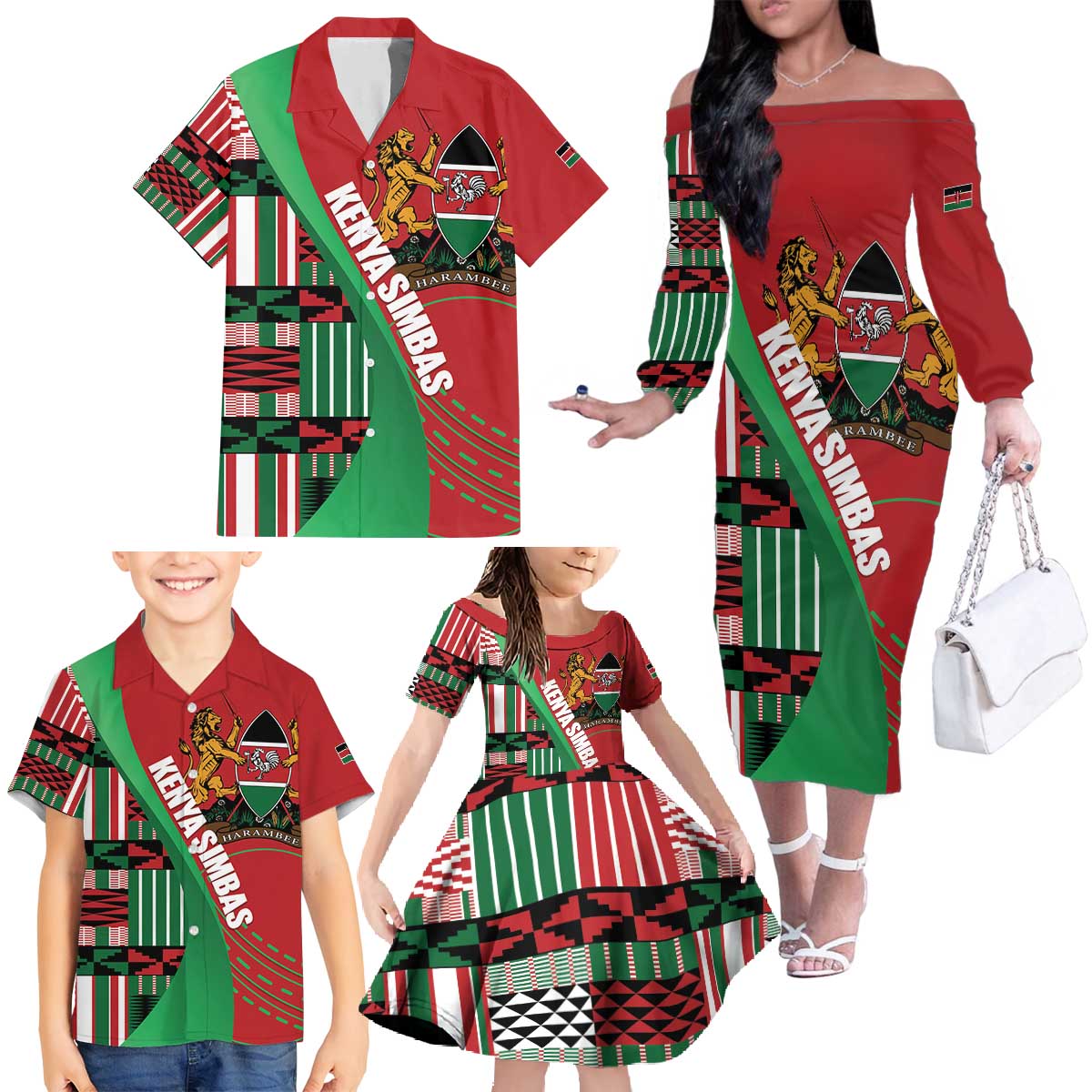 Custom Kenya Cricket Family Matching Off The Shoulder Long Sleeve Dress and Hawaiian Shirt Come On Simbas Kente Pattern - Wonder Print Shop