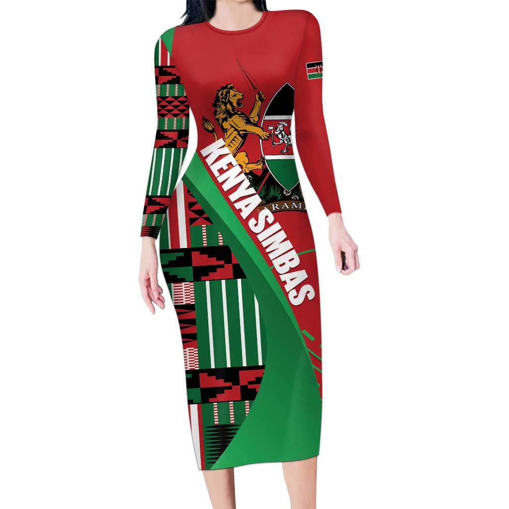 Custom Kenya Cricket Long Sleeve Bodycon Dress Come On Simbas Kente Pattern - Wonder Print Shop