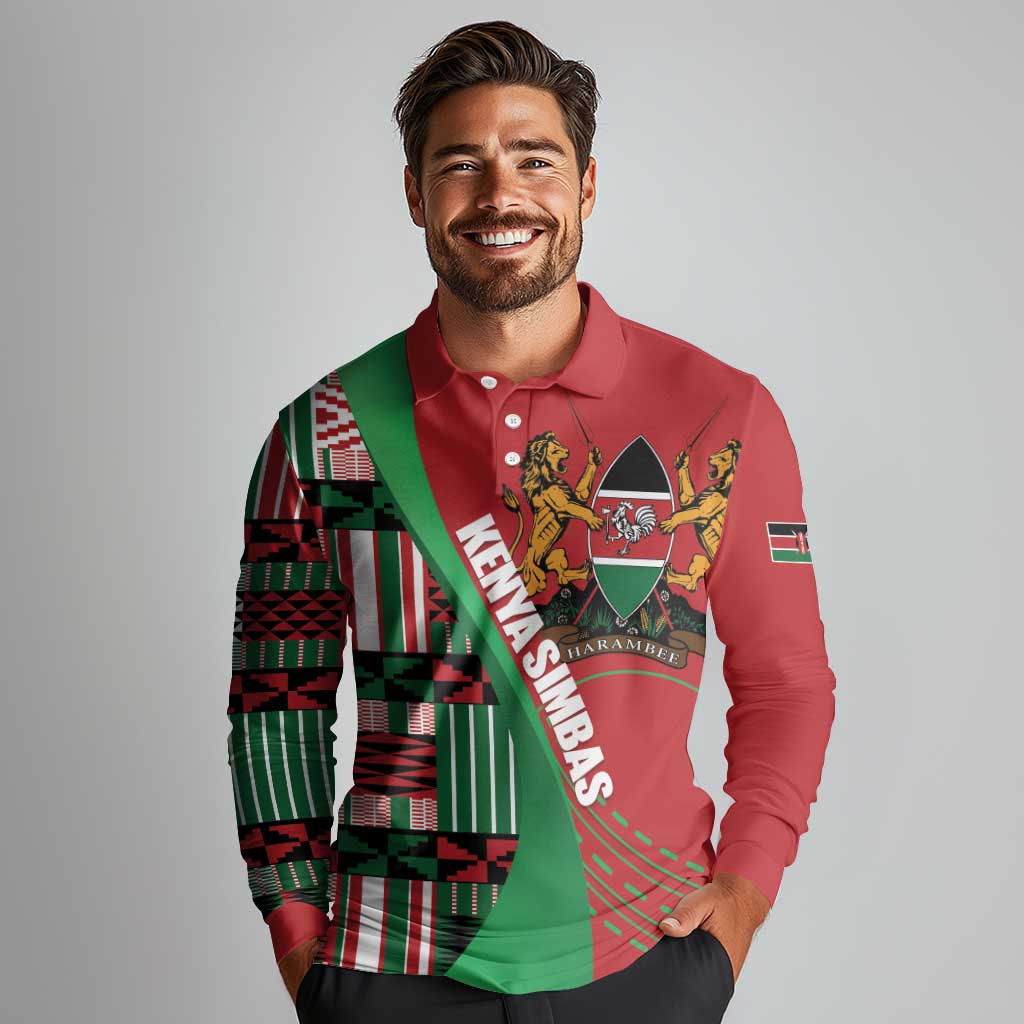 Custom Kenya Cricket Long Sleeve Polo Shirt Come On Simbas Kente Pattern - Wonder Print Shop