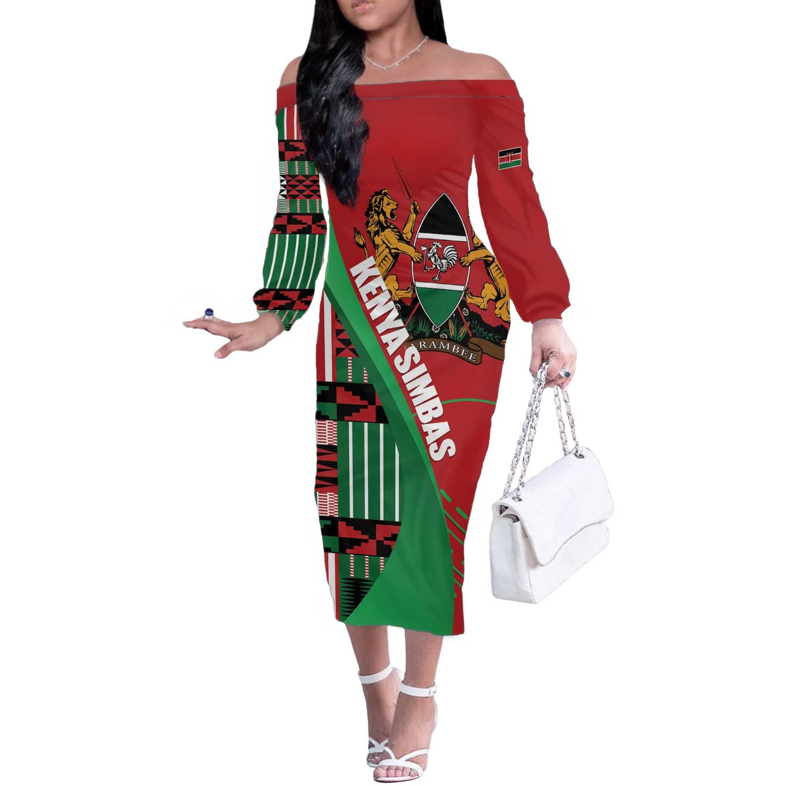 Custom Kenya Cricket Off The Shoulder Long Sleeve Dress Come On Simbas Kente Pattern - Wonder Print Shop