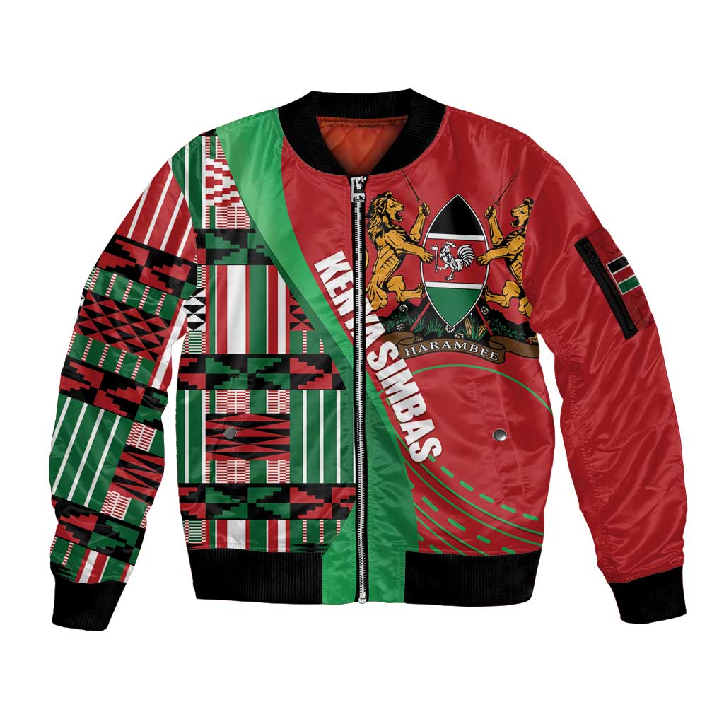 Custom Kenya Cricket Sleeve Zip Bomber Jacket Come On Simbas Kente Pattern - Wonder Print Shop