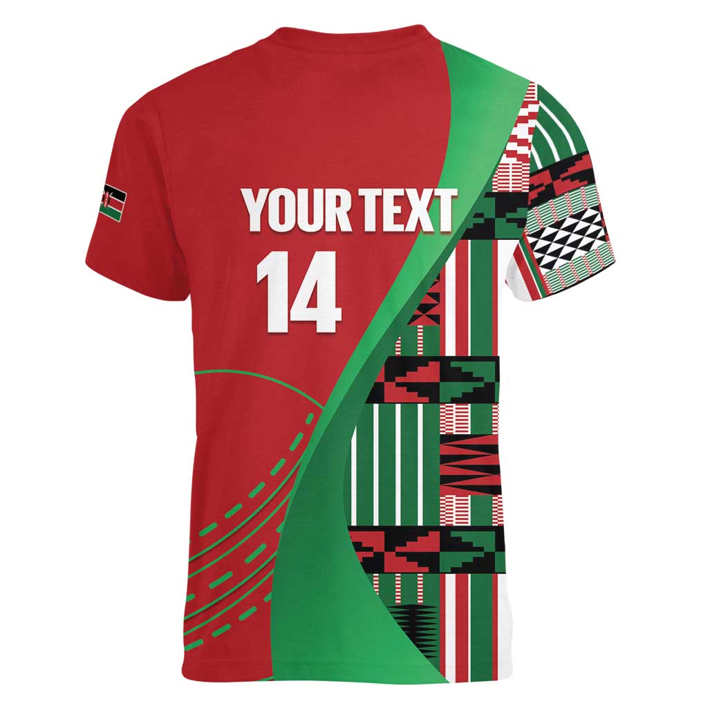 Custom Kenya Cricket Women V-Neck T-Shirt Come On Simbas Kente Pattern - Wonder Print Shop