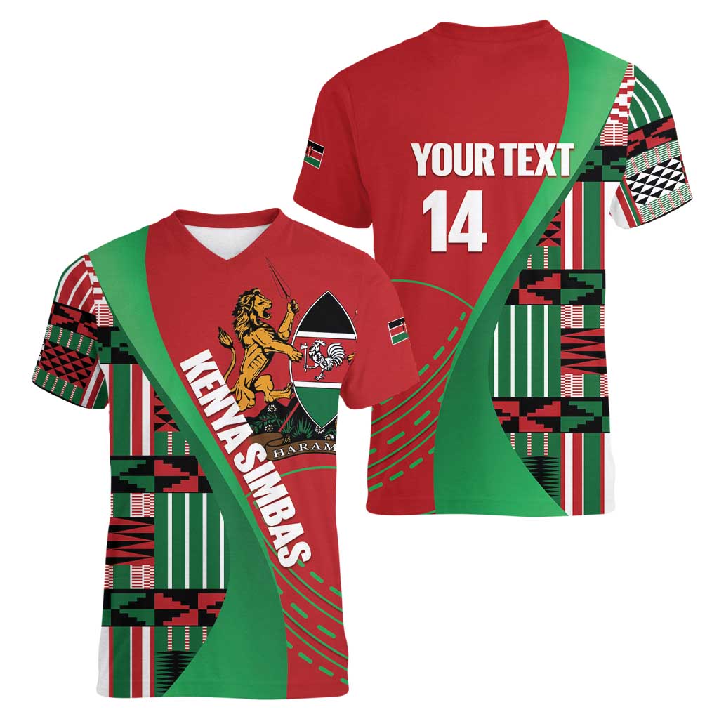 Custom Kenya Cricket Women V-Neck T-Shirt Come On Simbas Kente Pattern - Wonder Print Shop