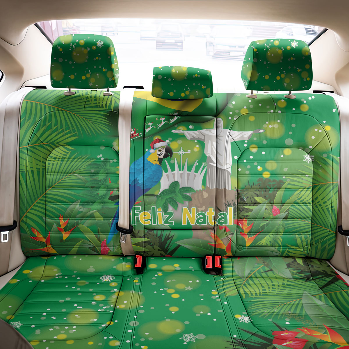 Christmas In July Brazil Back Car Seat Cover Feliz Natal Blue Macaw Santa Tropical Vibes