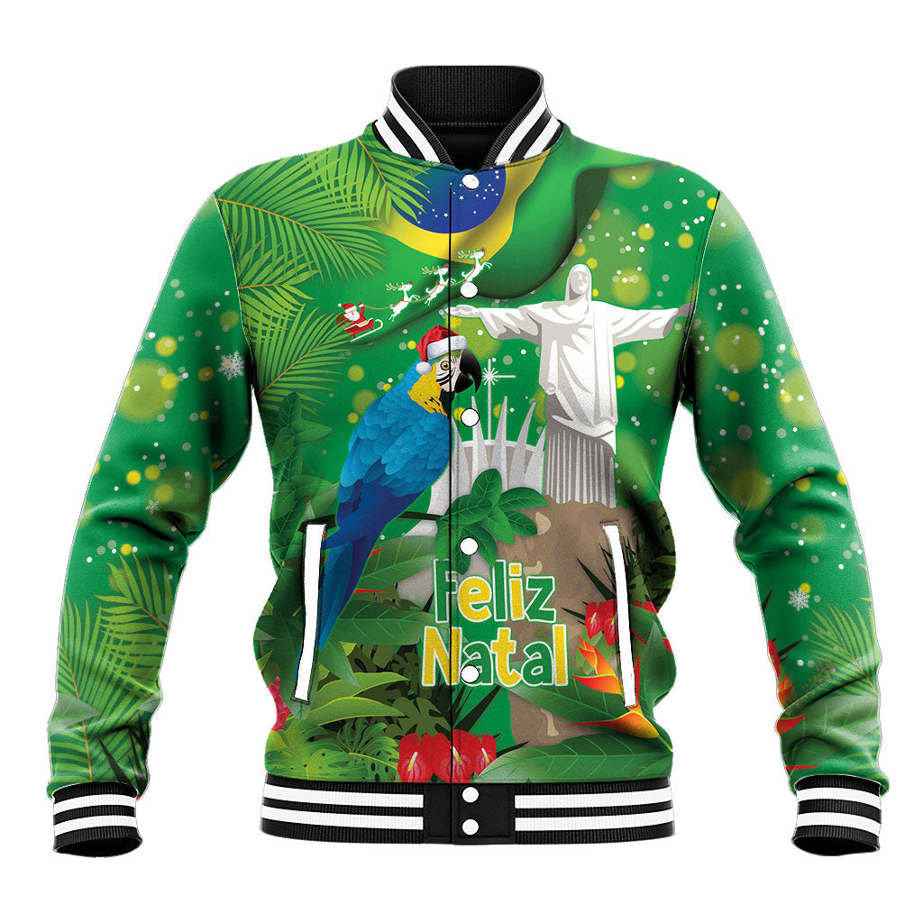 Christmas In July Brazil Baseball Jacket Feliz Natal Blue Macaw Santa Tropical Vibes
