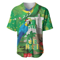 Christmas In July Brazil Baseball Jersey Feliz Natal Blue Macaw Santa Tropical Vibes