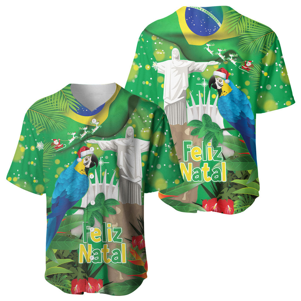 Christmas In July Brazil Baseball Jersey Feliz Natal Blue Macaw Santa Tropical Vibes
