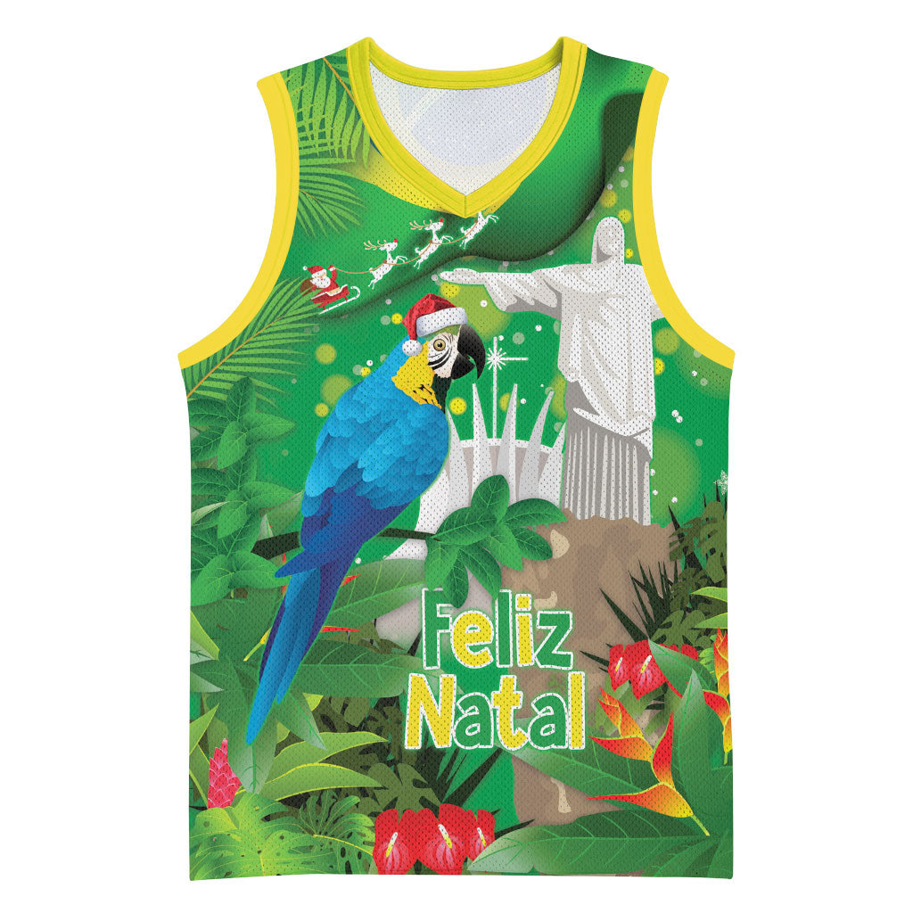 Christmas In July Brazil Basketball Jersey Feliz Natal Blue Macaw Santa Tropical Vibes