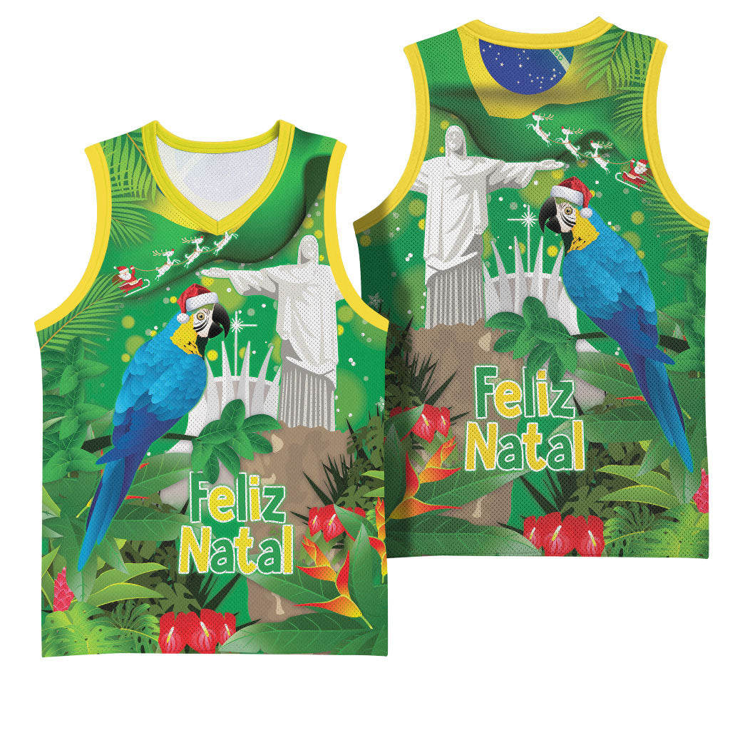 Christmas In July Brazil Basketball Jersey Feliz Natal Blue Macaw Santa Tropical Vibes