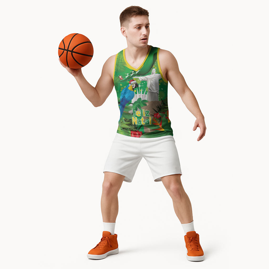 Christmas In July Brazil Basketball Jersey Feliz Natal Blue Macaw Santa Tropical Vibes