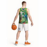 Christmas In July Brazil Basketball Jersey Feliz Natal Blue Macaw Santa Tropical Vibes