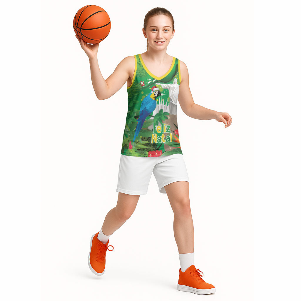 Christmas In July Brazil Basketball Jersey Feliz Natal Blue Macaw Santa Tropical Vibes