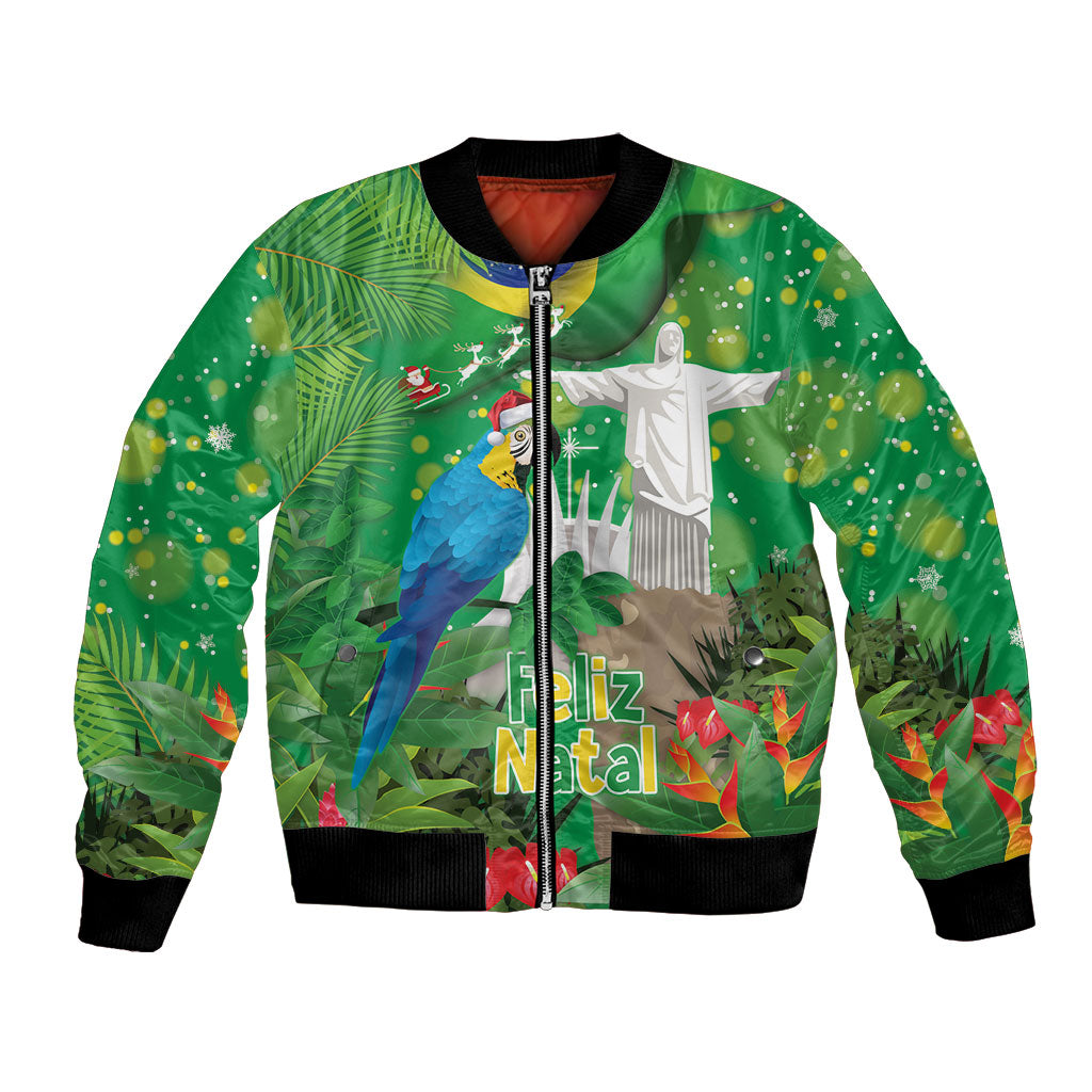 Christmas In July Brazil Bomber Jacket Feliz Natal Blue Macaw Santa Tropical Vibes