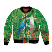 Christmas In July Brazil Bomber Jacket Feliz Natal Blue Macaw Santa Tropical Vibes