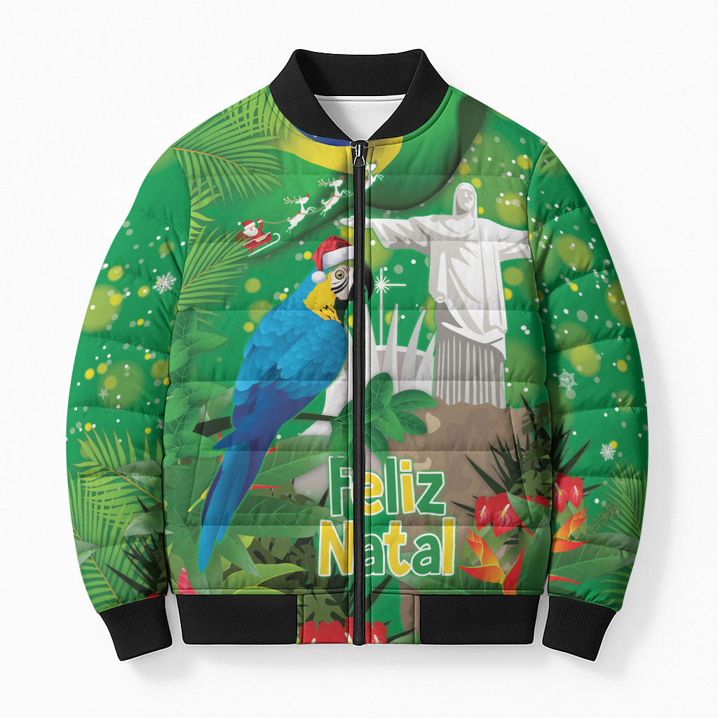Christmas In July Brazil Bomber Puffer Jacket Feliz Natal Blue Macaw Santa Tropical Vibes