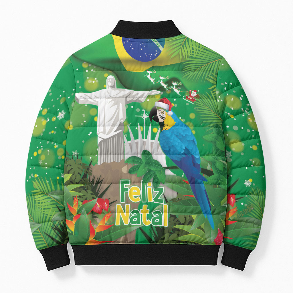 Christmas In July Brazil Bomber Puffer Jacket Feliz Natal Blue Macaw Santa Tropical Vibes