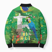 Christmas In July Brazil Bomber Puffer Jacket Feliz Natal Blue Macaw Santa Tropical Vibes