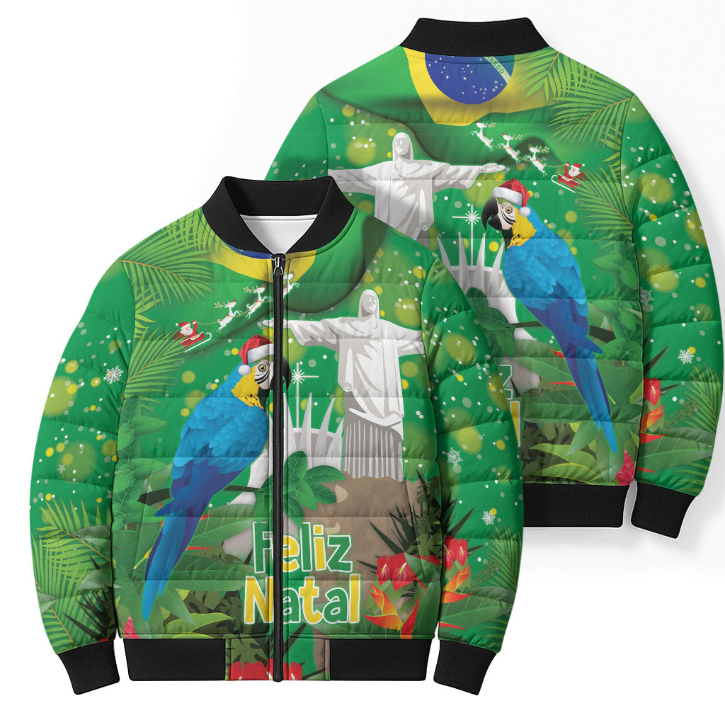 Christmas In July Brazil Bomber Puffer Jacket Feliz Natal Blue Macaw Santa Tropical Vibes