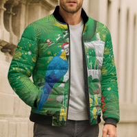 Christmas In July Brazil Bomber Puffer Jacket Feliz Natal Blue Macaw Santa Tropical Vibes
