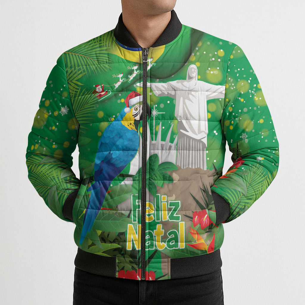Christmas In July Brazil Bomber Puffer Jacket Feliz Natal Blue Macaw Santa Tropical Vibes