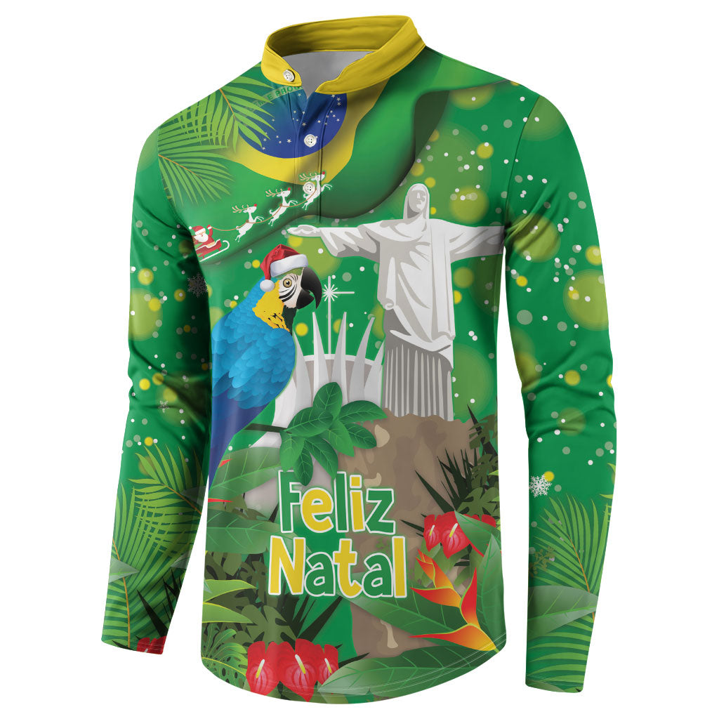 Christmas In July Brazil Button Sweatshirt Feliz Natal Blue Macaw Santa Tropical Vibes
