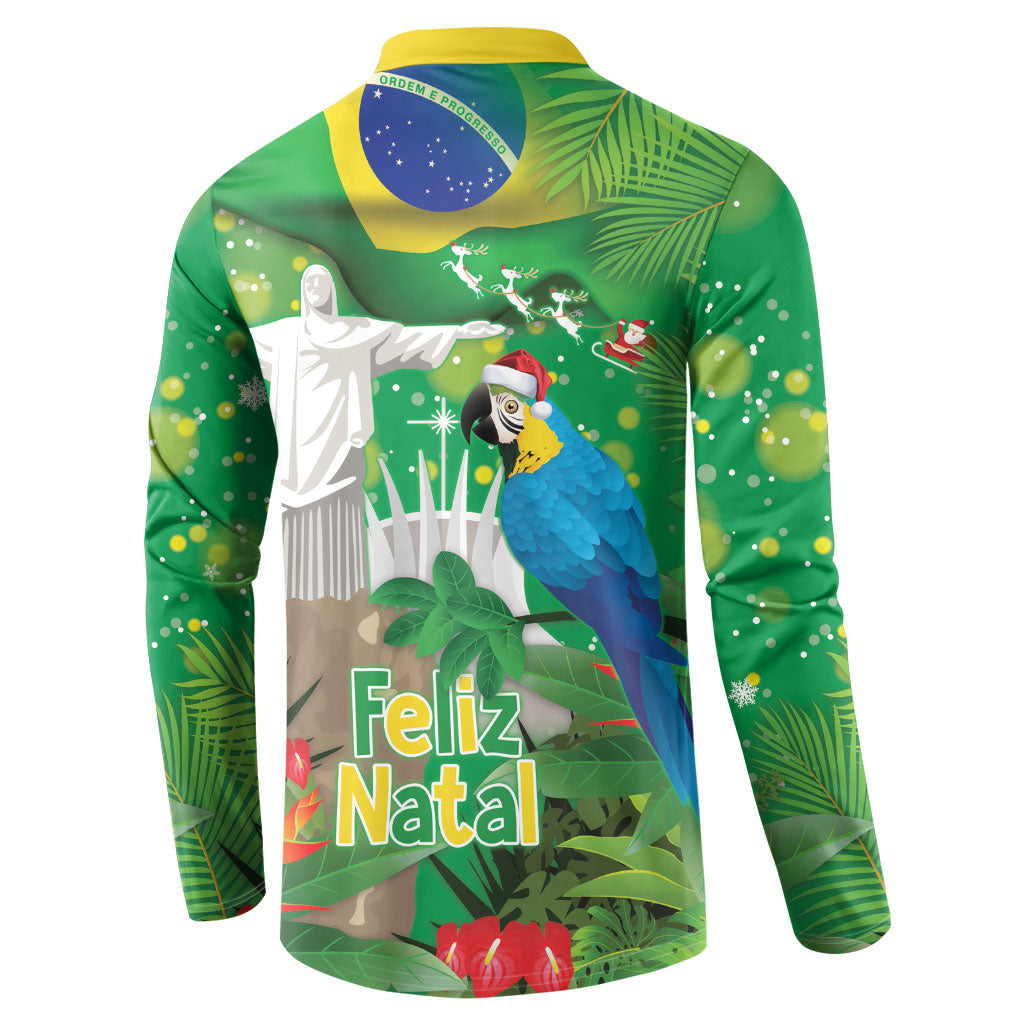 Christmas In July Brazil Button Sweatshirt Feliz Natal Blue Macaw Santa Tropical Vibes