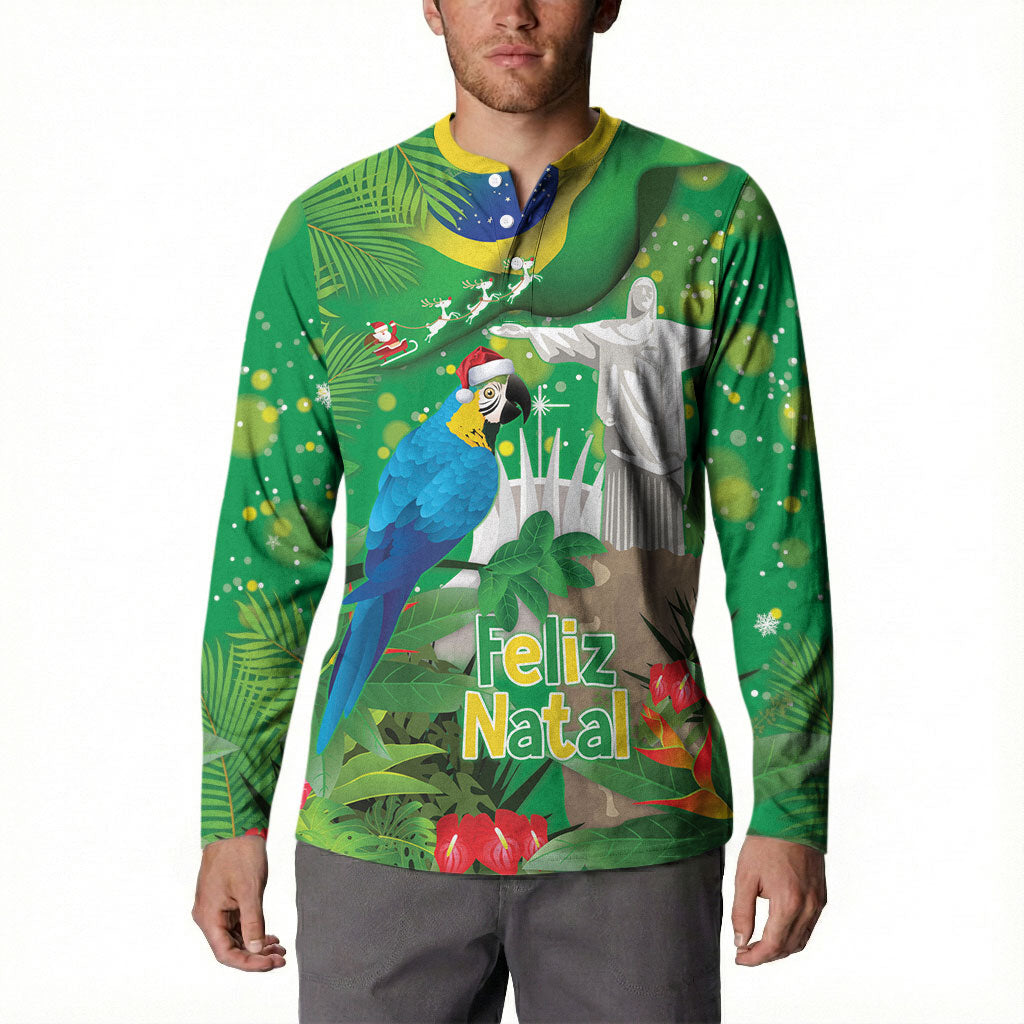 Christmas In July Brazil Button Sweatshirt Feliz Natal Blue Macaw Santa Tropical Vibes