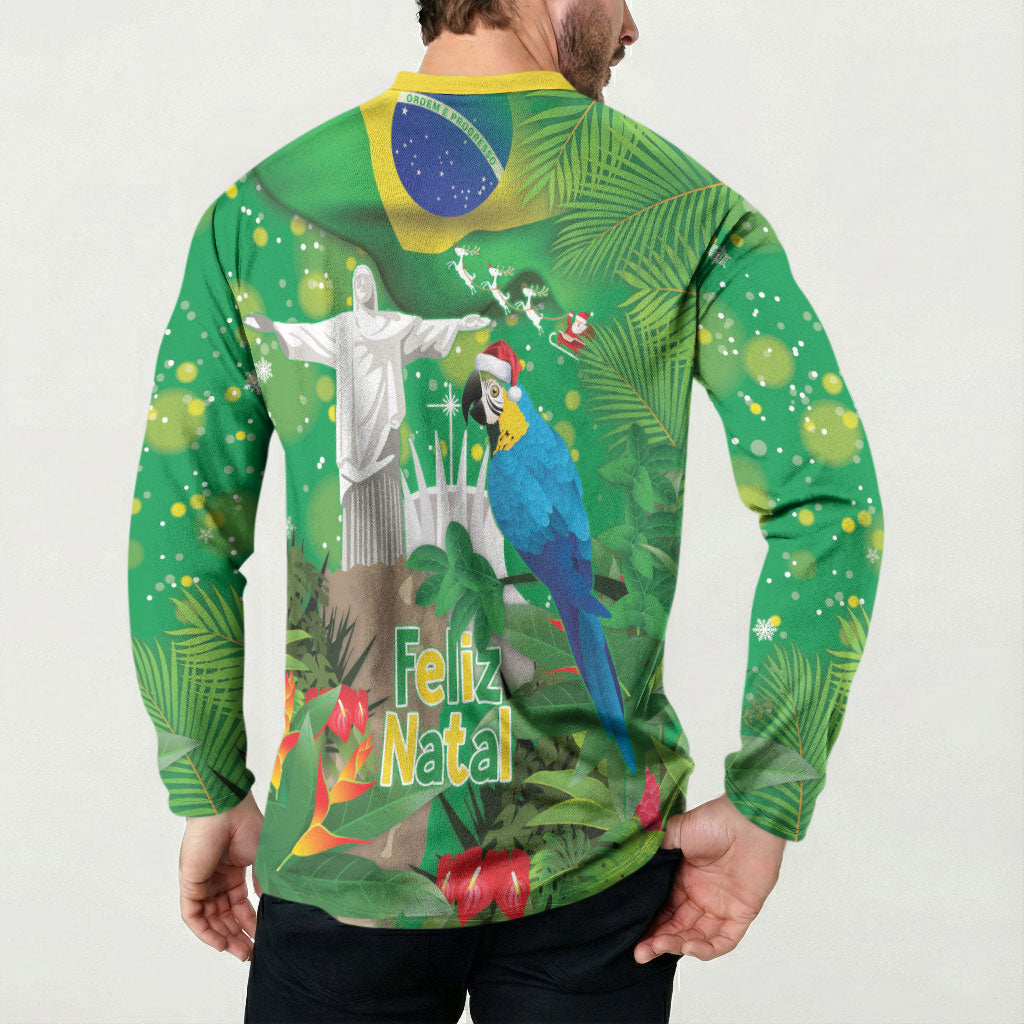 Christmas In July Brazil Button Sweatshirt Feliz Natal Blue Macaw Santa Tropical Vibes