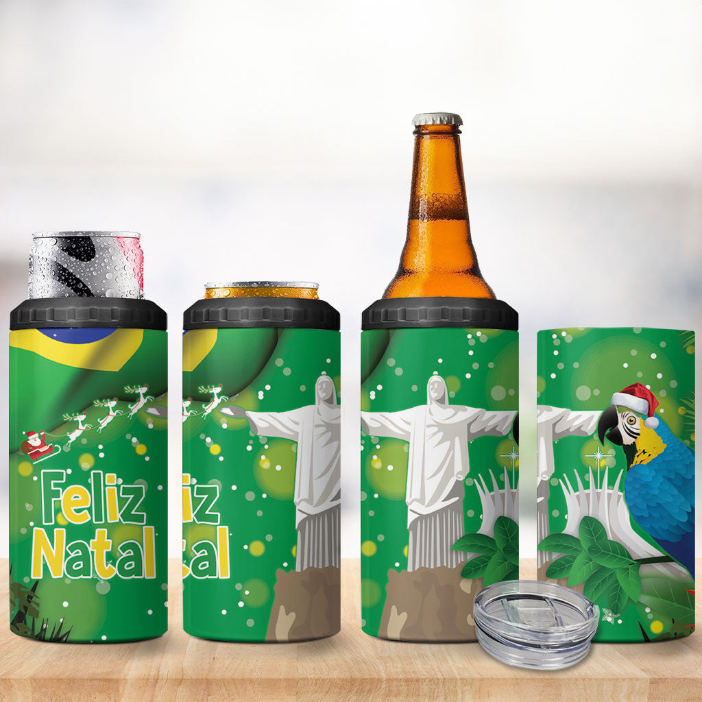 Christmas In July Brazil 4 in 1 Can Cooler Tumbler Feliz Natal Blue Macaw Santa Tropical Vibes