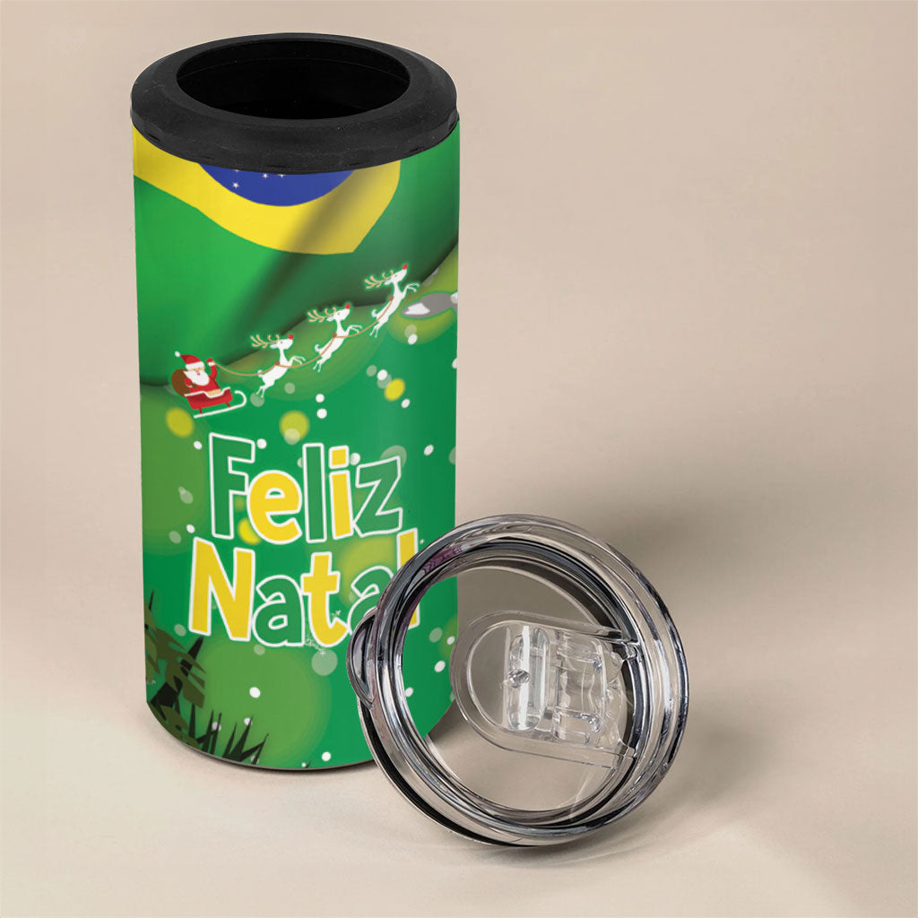 Christmas In July Brazil 4 in 1 Can Cooler Tumbler Feliz Natal Blue Macaw Santa Tropical Vibes