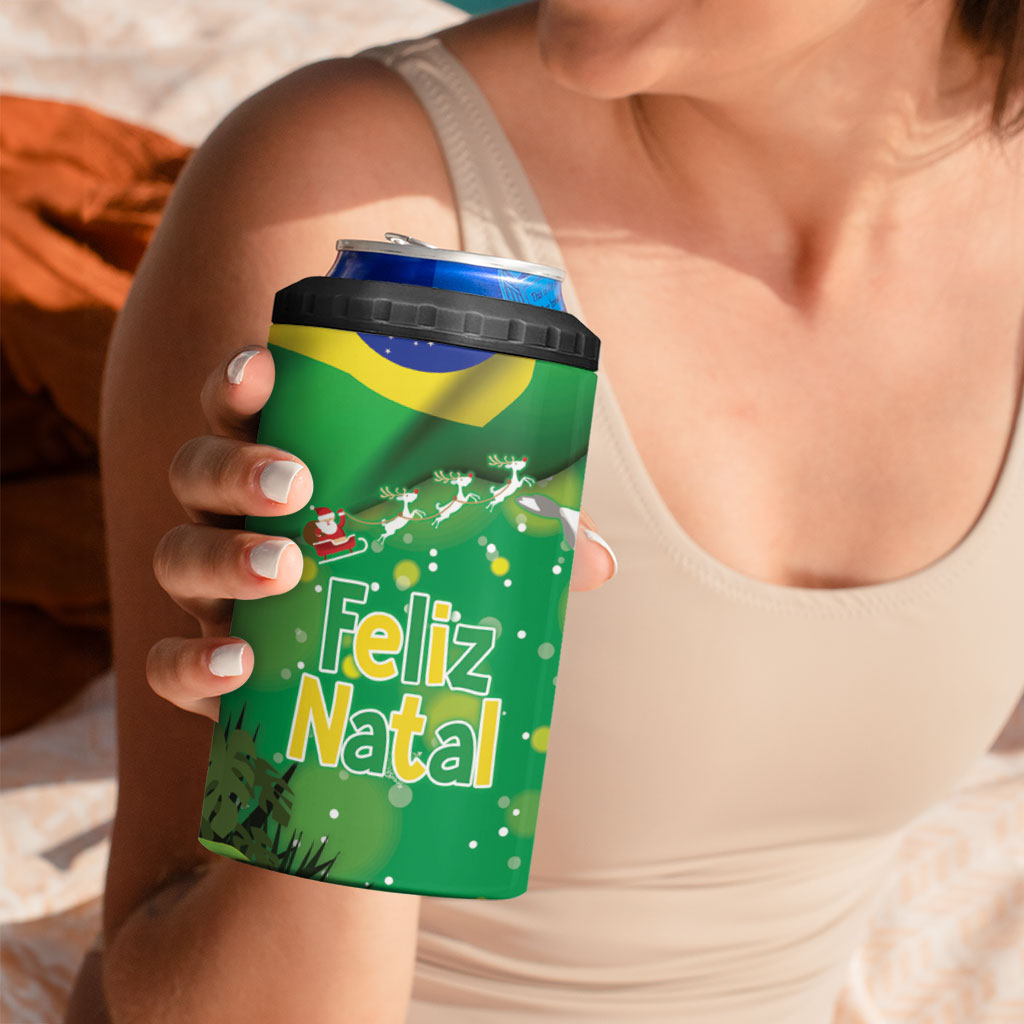Christmas In July Brazil 4 in 1 Can Cooler Tumbler Feliz Natal Blue Macaw Santa Tropical Vibes