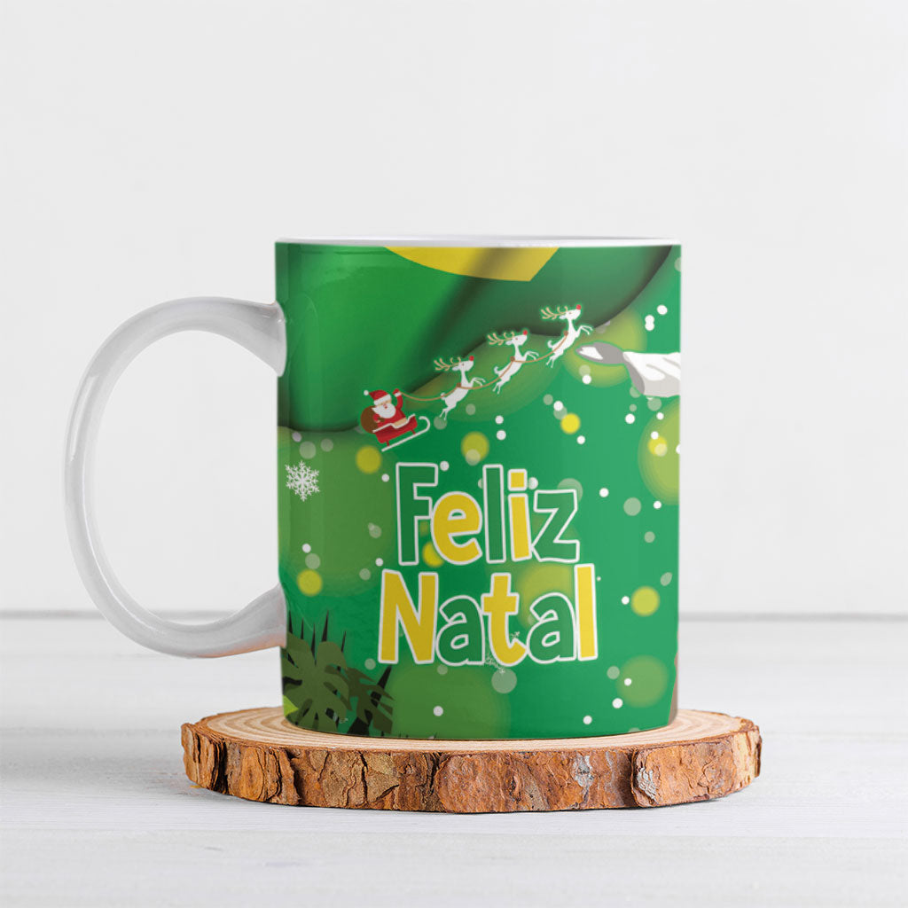 Christmas In July Brazil Ceramic Mug Feliz Natal Blue Macaw Santa Tropical Vibes