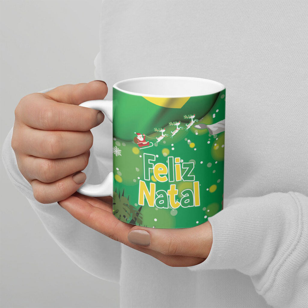 Christmas In July Brazil Ceramic Mug Feliz Natal Blue Macaw Santa Tropical Vibes