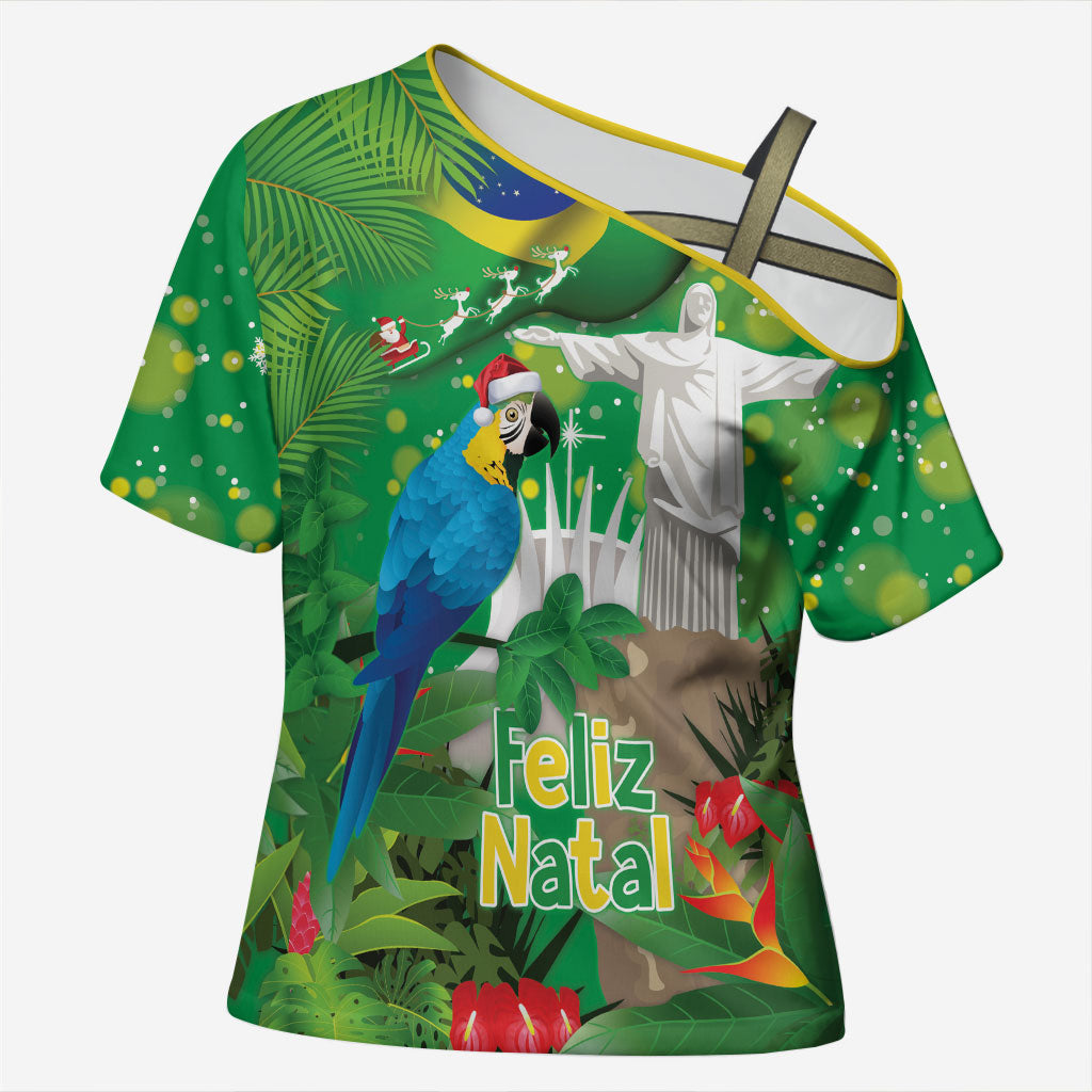 Christmas In July Brazil Cross Shoulder Shirt Feliz Natal Blue Macaw Santa Tropical Vibes