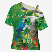 Christmas In July Brazil Cross Shoulder Shirt Feliz Natal Blue Macaw Santa Tropical Vibes