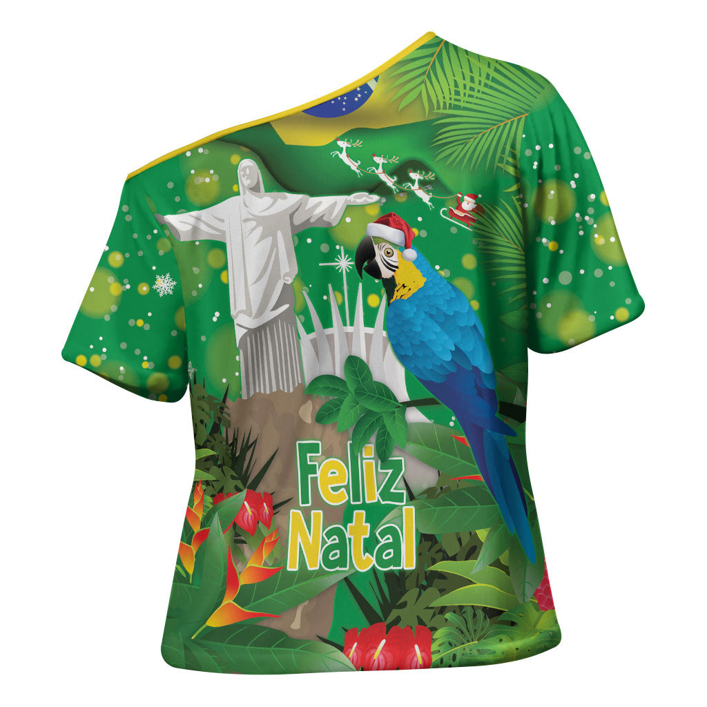 Christmas In July Brazil Cross Shoulder Shirt Feliz Natal Blue Macaw Santa Tropical Vibes