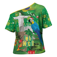 Christmas In July Brazil Cross Shoulder Shirt Feliz Natal Blue Macaw Santa Tropical Vibes