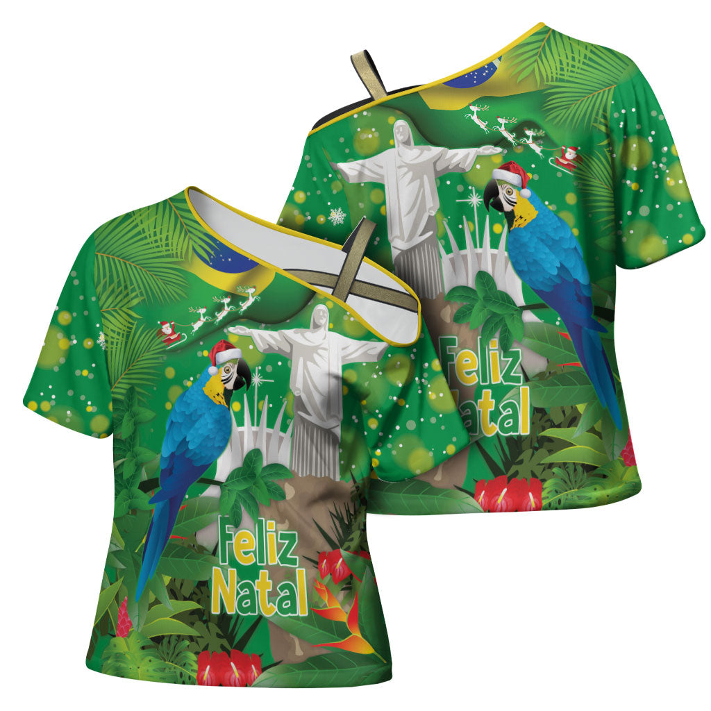 Christmas In July Brazil Cross Shoulder Shirt Feliz Natal Blue Macaw Santa Tropical Vibes