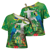 Christmas In July Brazil Cross Shoulder Shirt Feliz Natal Blue Macaw Santa Tropical Vibes