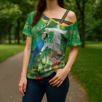 Christmas In July Brazil Cross Shoulder Shirt Feliz Natal Blue Macaw Santa Tropical Vibes