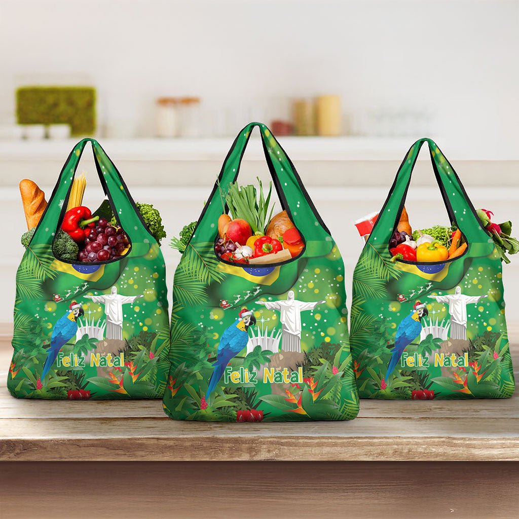 Christmas In July Brazil Grocery Bag Feliz Natal Blue Macaw Santa Tropical Vibes