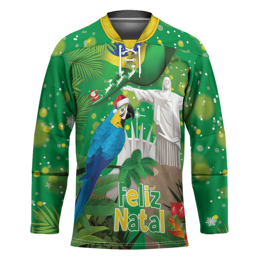 Christmas In July Brazil Hockey Jersey Feliz Natal Blue Macaw Santa Tropical Vibes
