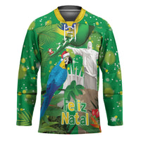 Christmas In July Brazil Hockey Jersey Feliz Natal Blue Macaw Santa Tropical Vibes